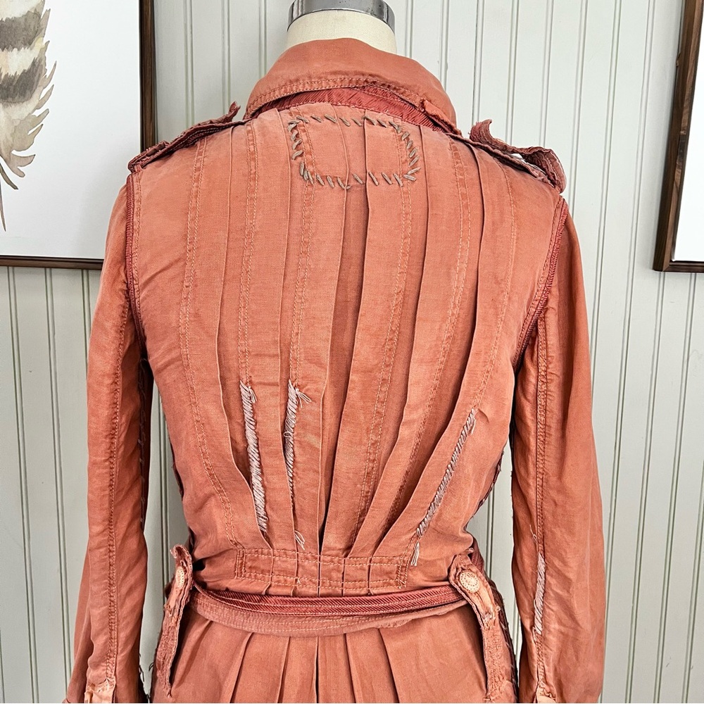 Shangana Hanmade Linen Patchwork Exposed Stitch Mid Length Duster Trench Coat - Picture 13 of 15